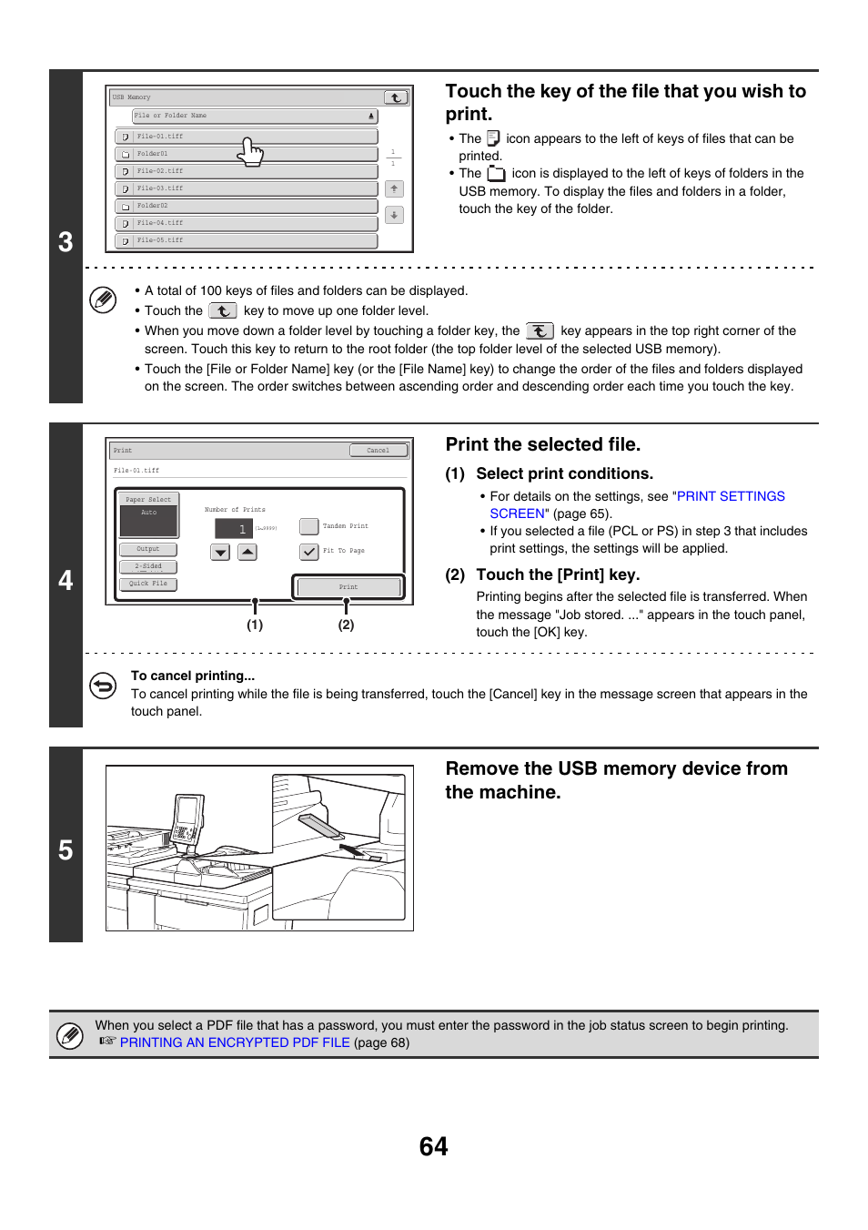 Touch the key of the file that you wish to print, Print the selected file, 1) select print conditions | 2) touch the [print] key | Sharp MX-M850 User Manual | Page 301 / 655