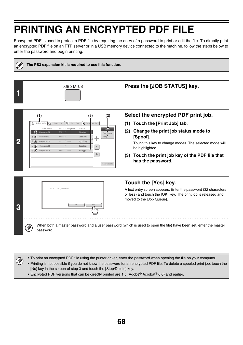 Printing an encrypted pdf file, Press the [job status] key, Select the encrypted pdf print job | Touch the [yes] key | Sharp MX-M850 User Manual | Page 305 / 655