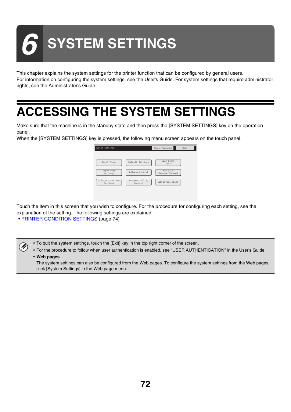 System settings, Accessing the system settings | Sharp MX-M850 User Manual | Page 309 / 655