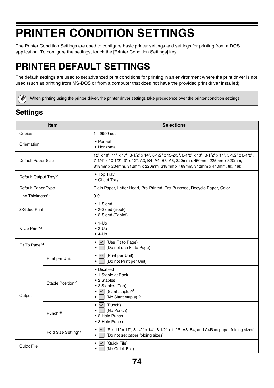 Printer condition settings, Printer default settings, Settings | Sharp MX-M850 User Manual | Page 311 / 655