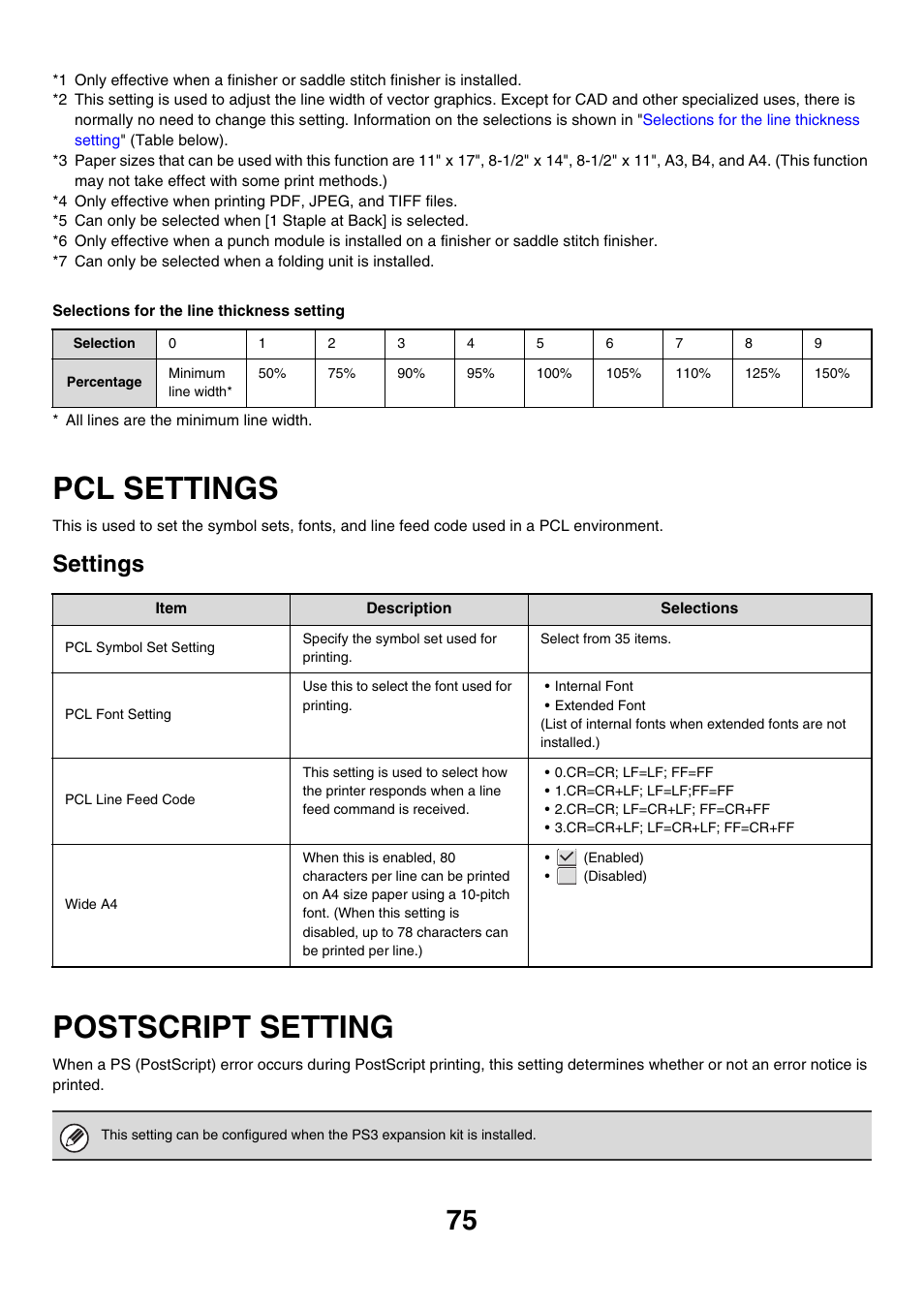 Pcl settings, Postscript setting, Settings | Sharp MX-M850 User Manual | Page 312 / 655