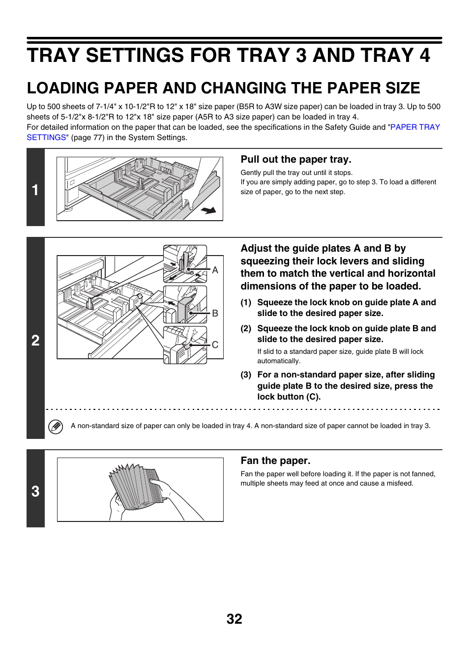 Tray settings for tray 3 and tray 4, Loading paper and changing the, Paper size | Loading paper and changing the paper size | Sharp MX-M850 User Manual | Page 32 / 655