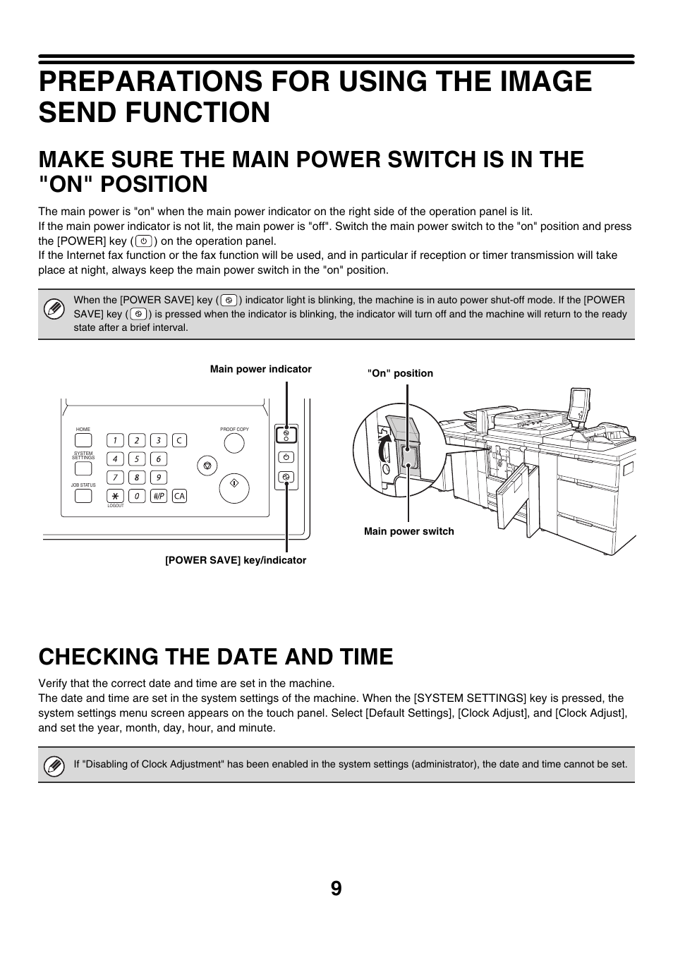 Preparations for using the image send function, Make sure the main power switch is, In the "on" position | Checking the date and time | Sharp MX-M850 User Manual | Page 329 / 655