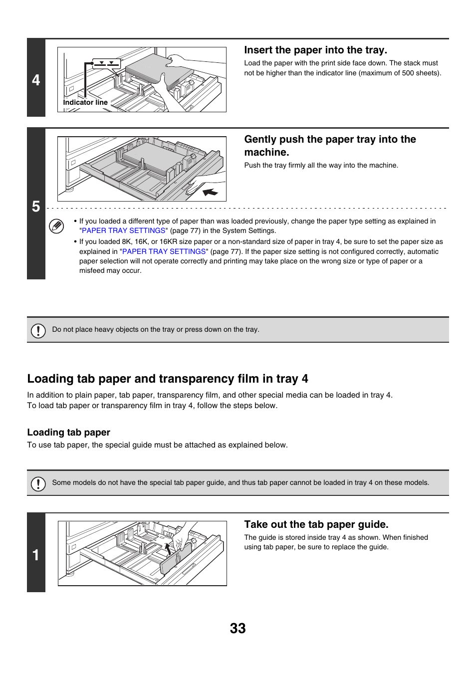 Loading tab paper and transparency film in tray 4 | Sharp MX-M850 User Manual | Page 33 / 655