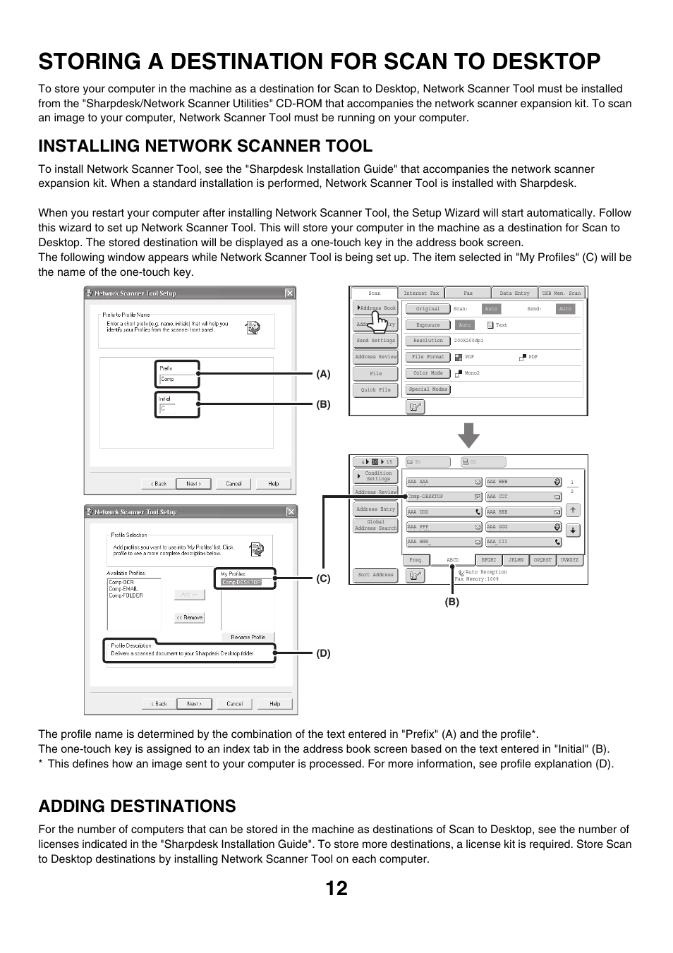 Storing a destination for scan to desktop, Installing network scanner tool, Adding destinations | B) (a) (b) (c) (d) | Sharp MX-M850 User Manual | Page 332 / 655