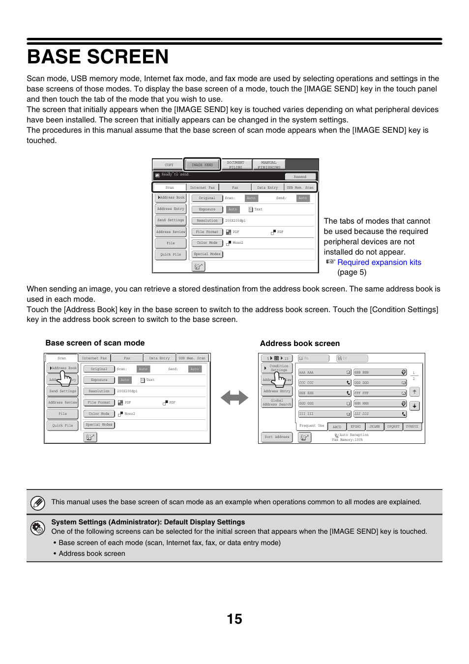 Base screen, Required expansion kits (pag e 5), Base screen of scan mode address book screen | Sharp MX-M850 User Manual | Page 335 / 655