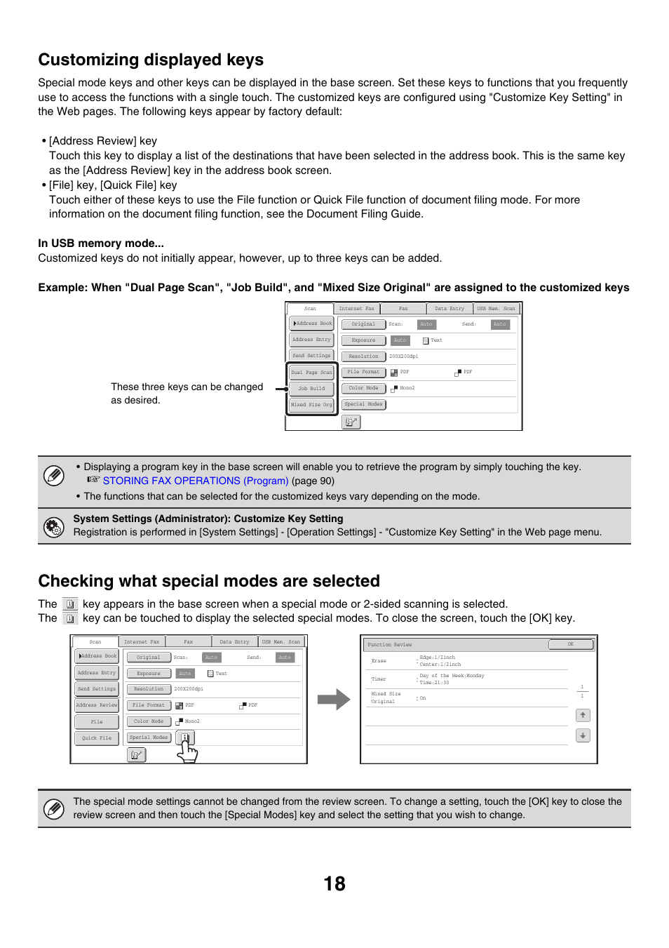 Customizing displayed keys, E 18), File | Quick file, Address review, Checking what special modes are selected, These three keys can be changed as desired | Sharp MX-M850 User Manual | Page 338 / 655