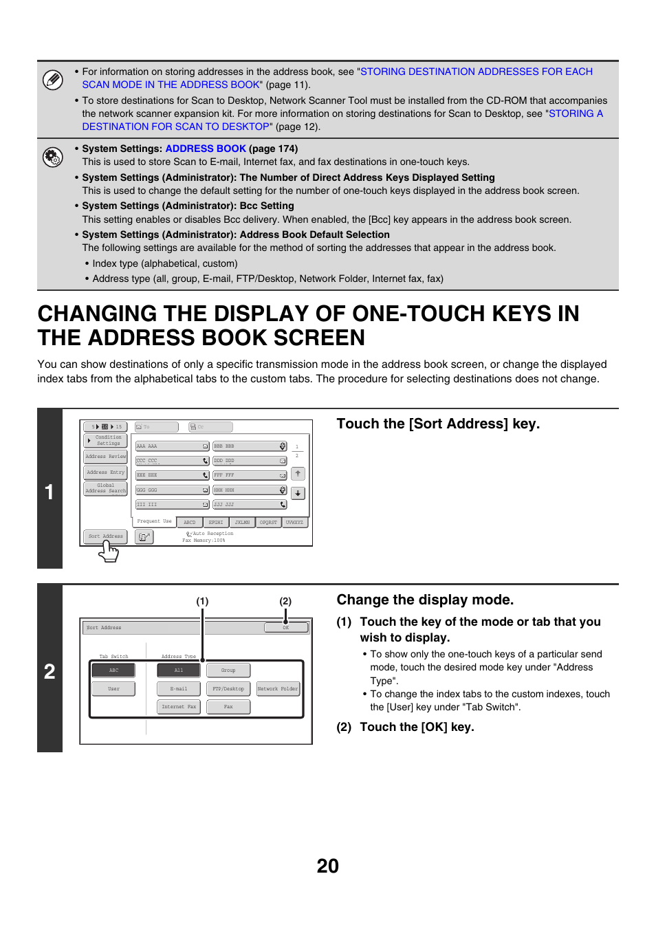 Changing the display of one-touch, Keys in the address book screen, Touch the [sort address] key | Change the display mode, 2) touch the [ok] key | Sharp MX-M850 User Manual | Page 340 / 655