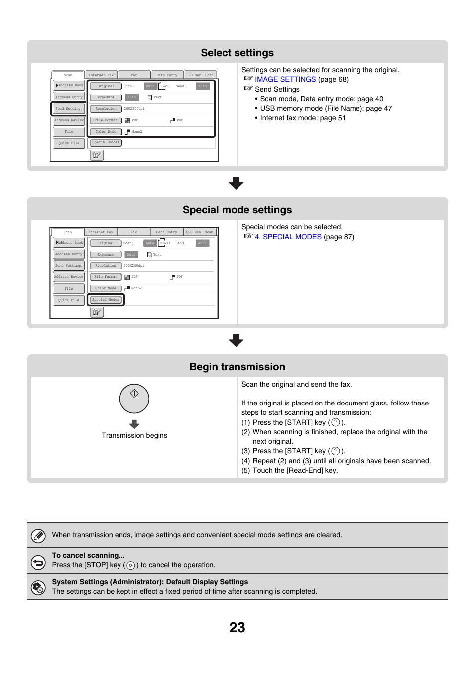 Select settings, Special mode settings, Begin transmission | Sharp MX-M850 User Manual | Page 343 / 655