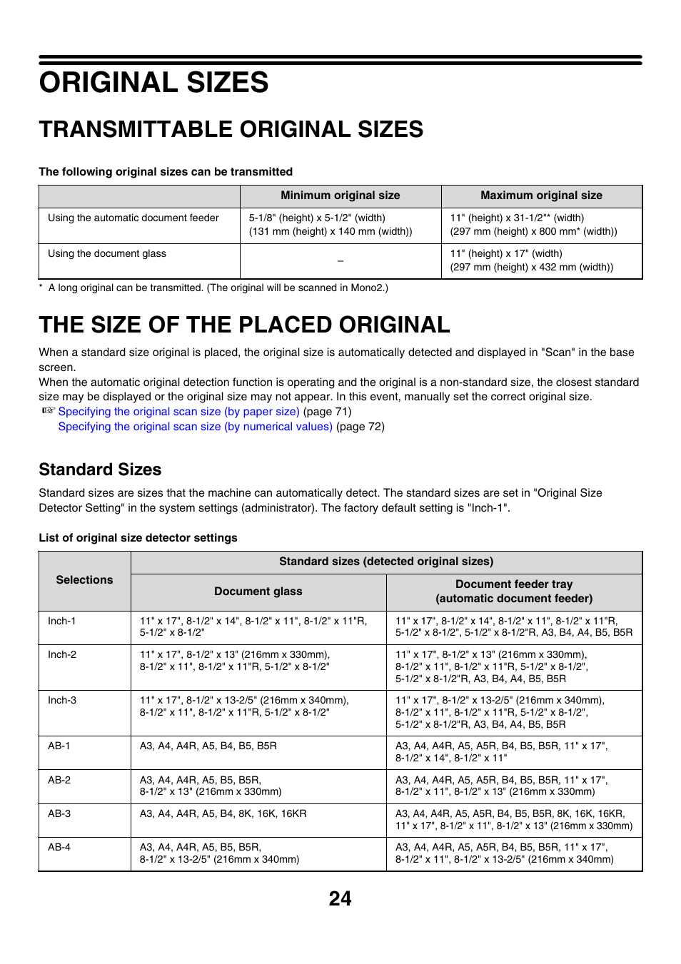 Original sizes, Transmittable original sizes, The size of the placed original | E 24), Standard sizes | Sharp MX-M850 User Manual | Page 344 / 655