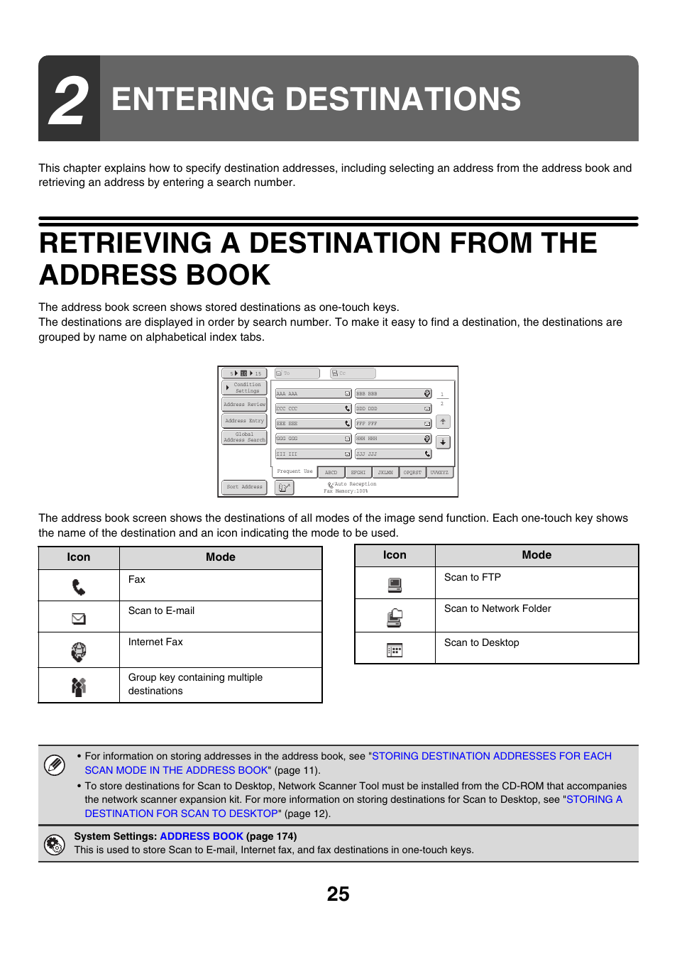 Entering destinations, Retrieving a destination from the address book, Age 25 | Address book | Sharp MX-M850 User Manual | Page 345 / 655