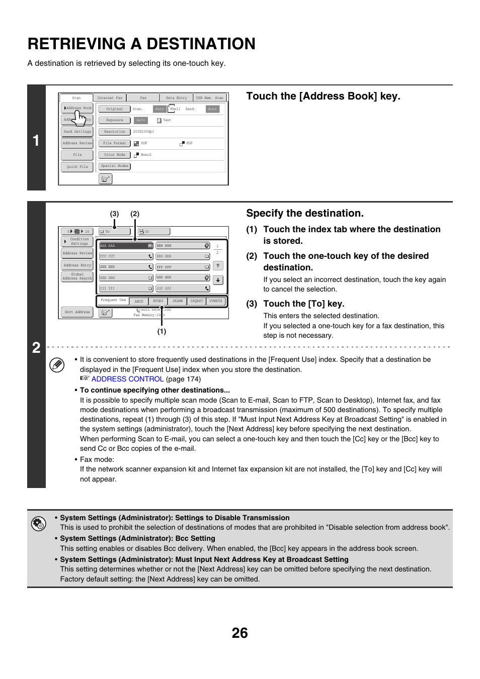 Retrieving a destination, Touch the [address book] key, Specify the destination | 3) touch the [to] key | Sharp MX-M850 User Manual | Page 346 / 655