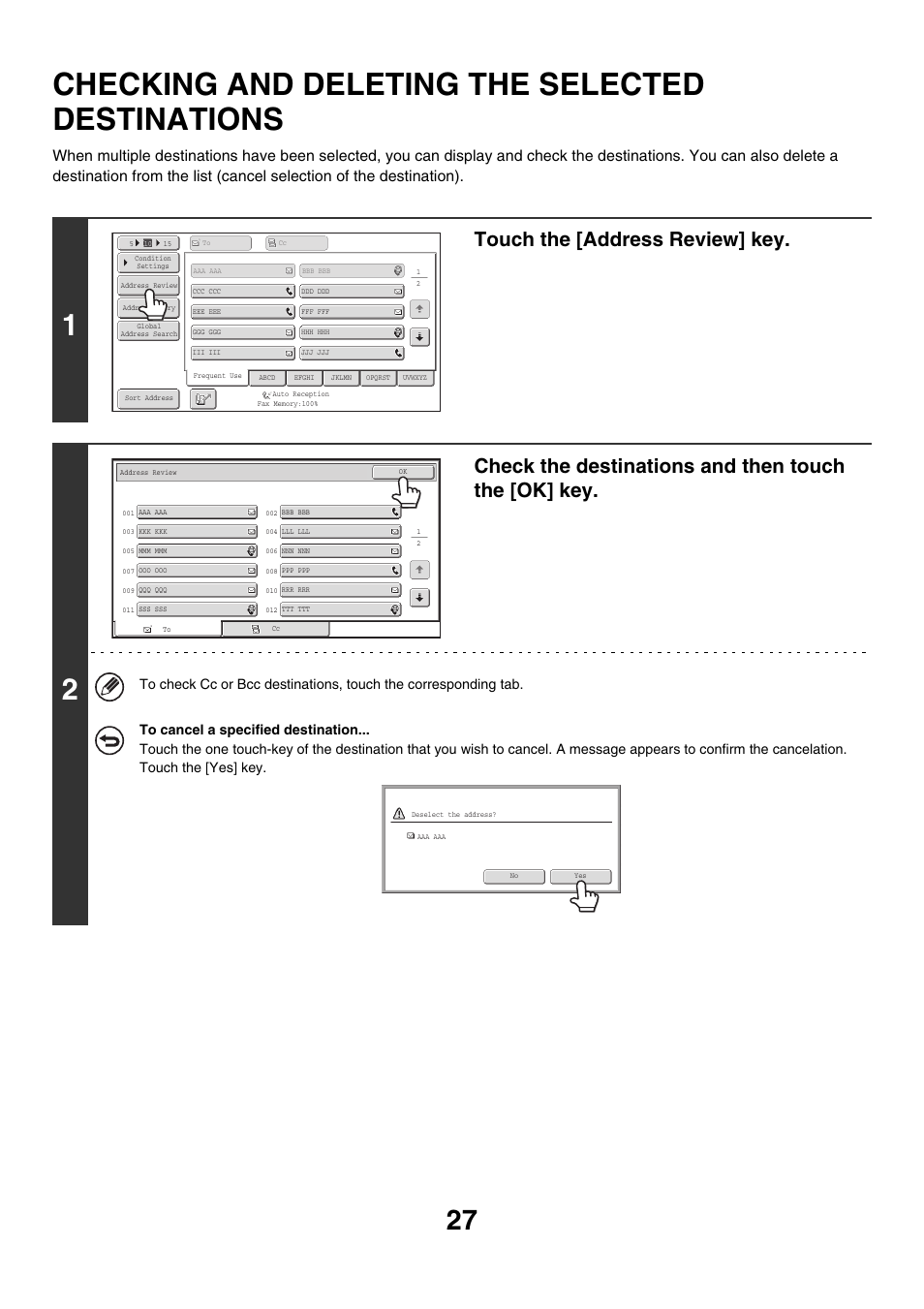 Checking and deleting the selected, Destinations, Checking and deleting the selected destinations | E 27, Touch the [address review] key, Check the destinations and then touch the [ok] key | Sharp MX-M850 User Manual | Page 347 / 655