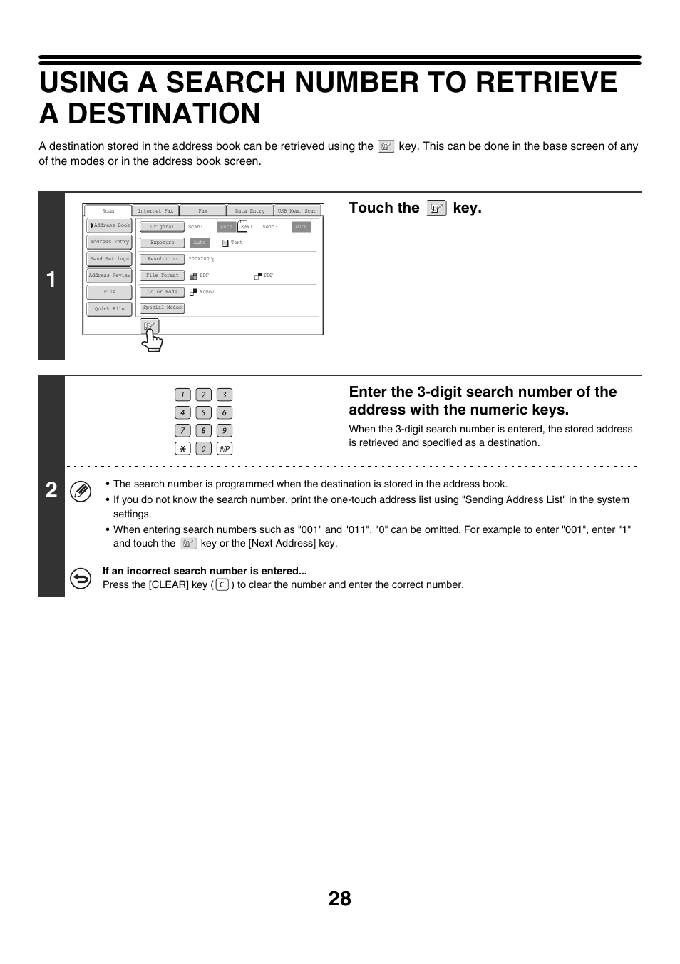 Using a search number to retrieve a destination, E 28), Touch the key | Sharp MX-M850 User Manual | Page 348 / 655