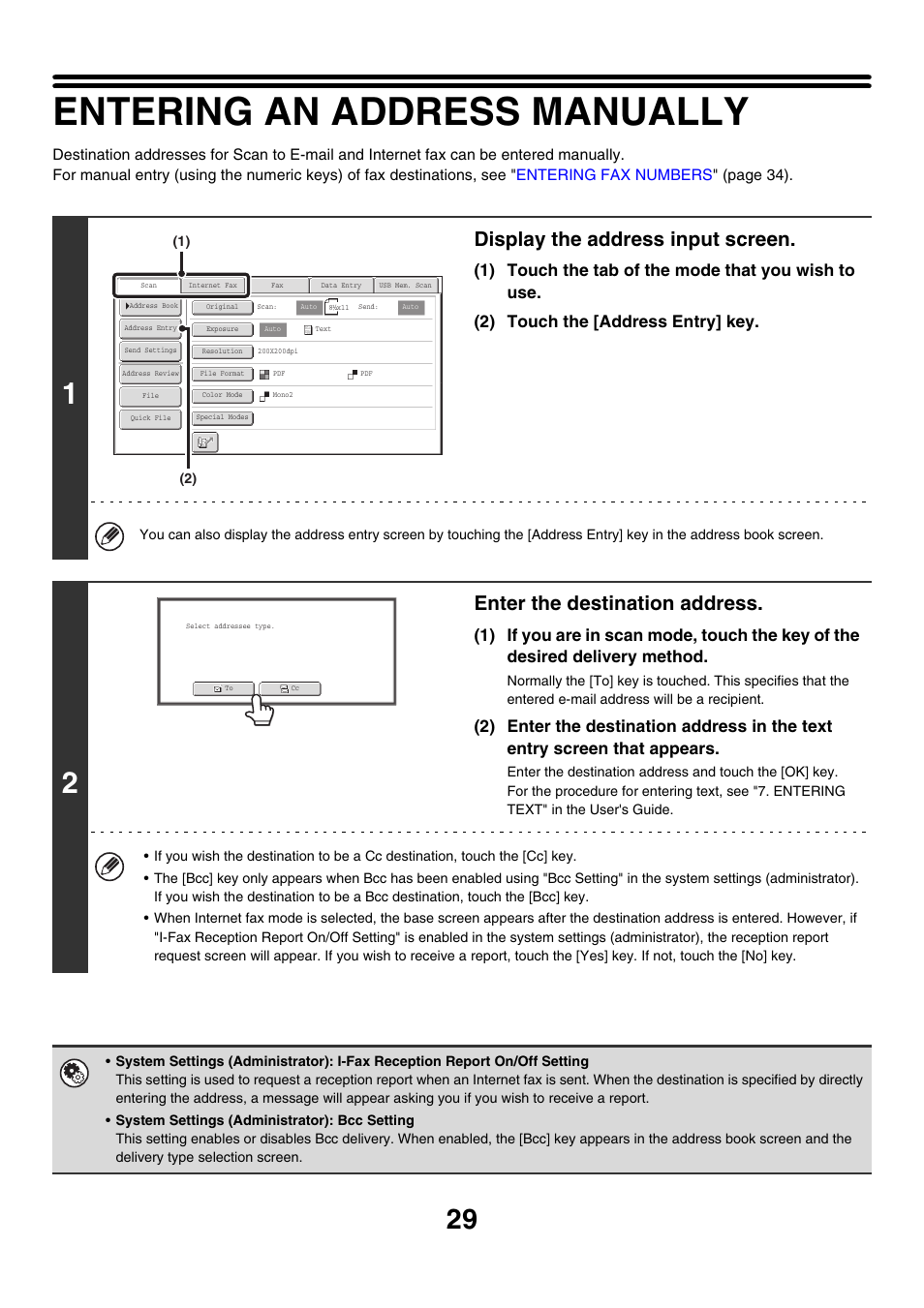 Entering an address manually, Address entry, Display the address input screen | Enter the destination address | Sharp MX-M850 User Manual | Page 349 / 655