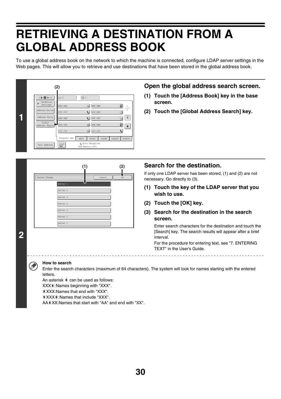 Age 30, Open the global address search screen, Search for the destination | Sharp MX-M850 User Manual | Page 350 / 655