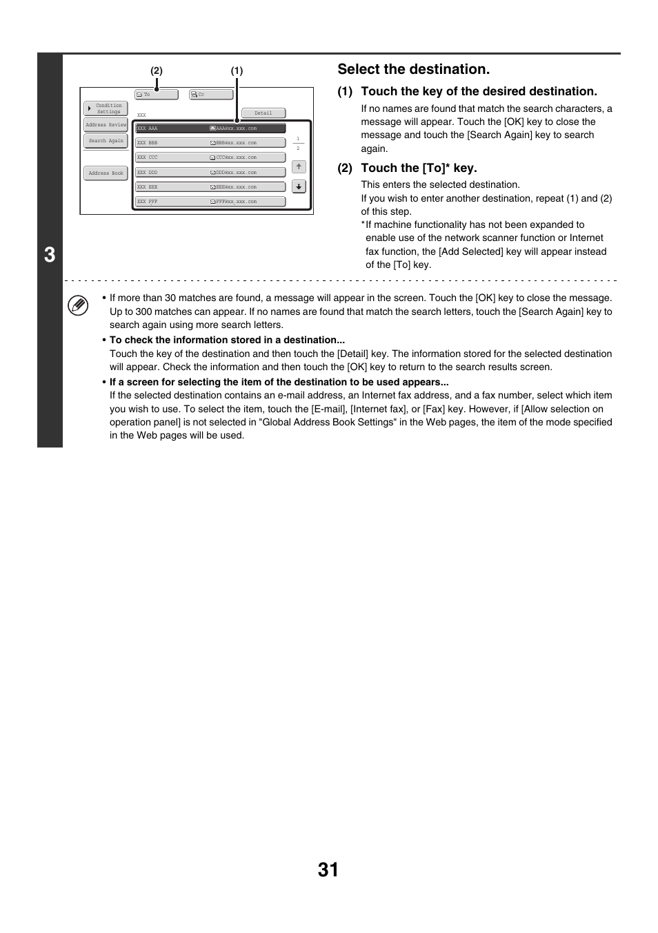 Select the destination, 1) touch the key of the desired destination, 2) touch the [to]* key | Sharp MX-M850 User Manual | Page 351 / 655