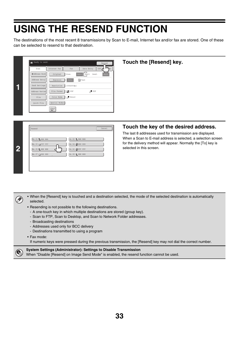 Using the resend function, Resend, E 33) | Touch the [resend] key, Touch the key of the desired address | Sharp MX-M850 User Manual | Page 353 / 655