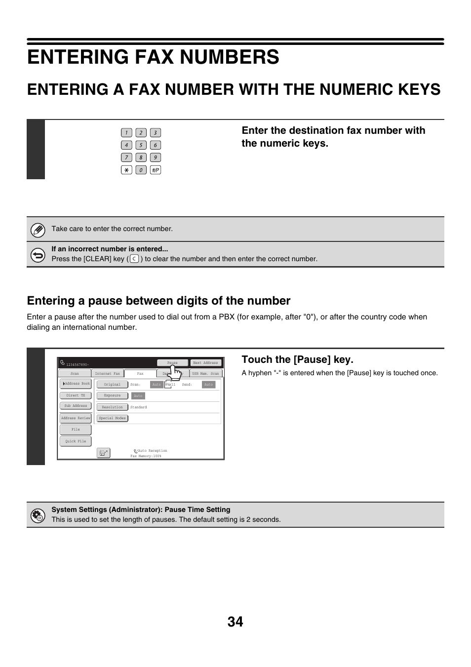 Entering fax numbers, Entering a fax number with the, Numeric keys | Entering a fax number with the numeric keys, Entering a pause between digits of the number, Touch the [pause] key | Sharp MX-M850 User Manual | Page 354 / 655