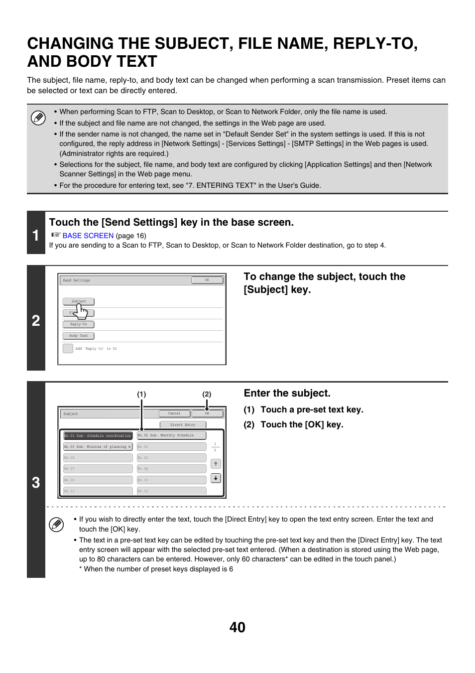 Changing the subject, file name, Reply-to, and body text, Send settings | Touch the [send settings] key in the base screen, Enter the subject | Sharp MX-M850 User Manual | Page 360 / 655