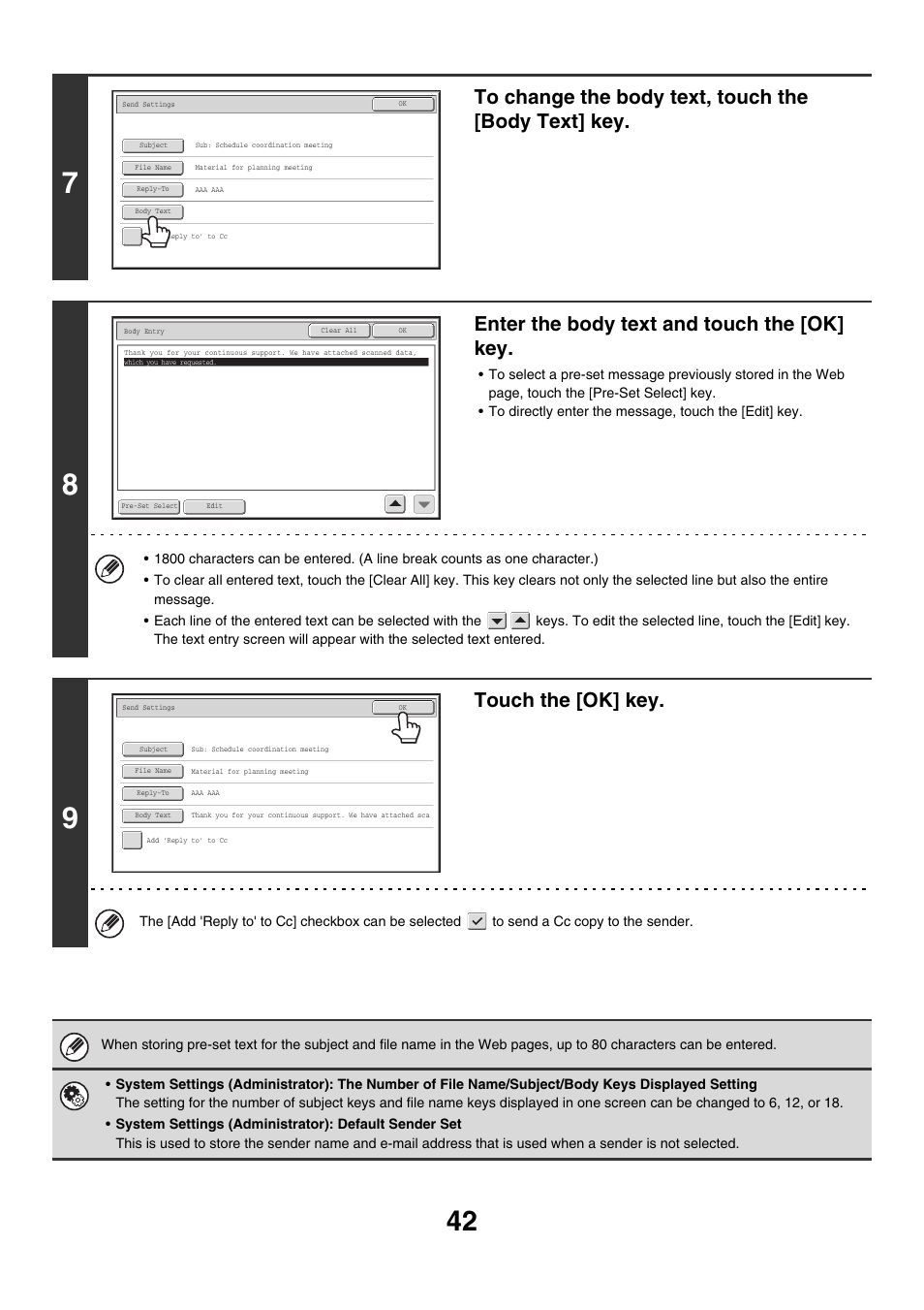 Enter the body text and touch the [ok] key, Touch the [ok] key | Sharp MX-M850 User Manual | Page 362 / 655