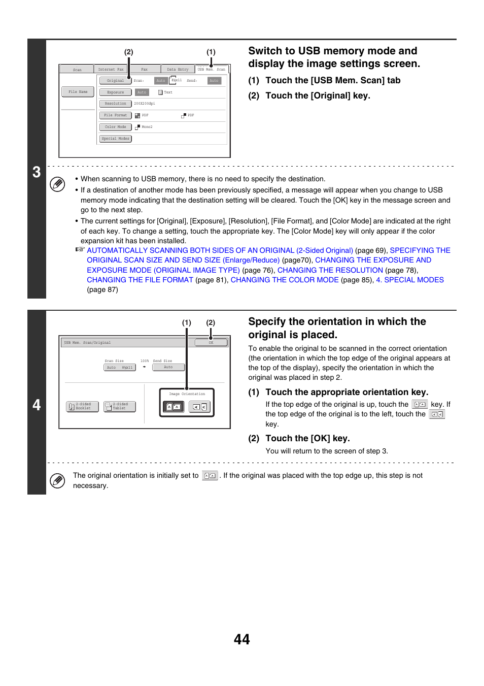 1) touch the appropriate orientation key, 2) touch the [ok] key | Sharp MX-M850 User Manual | Page 364 / 655