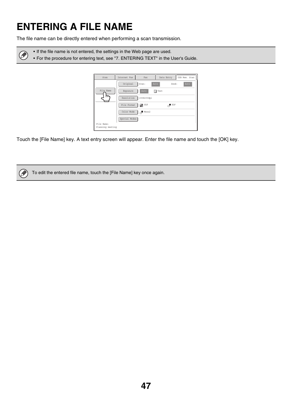 Entering a file name, File name, E 47 | Sharp MX-M850 User Manual | Page 367 / 655