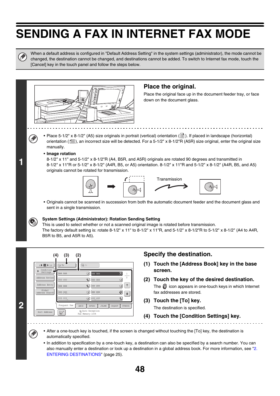 Sending a fax in internet fax mode, E 48), Place the original | Specify the destination, 3) touch the [to] key, 4) touch the [condition settings] key | Sharp MX-M850 User Manual | Page 368 / 655