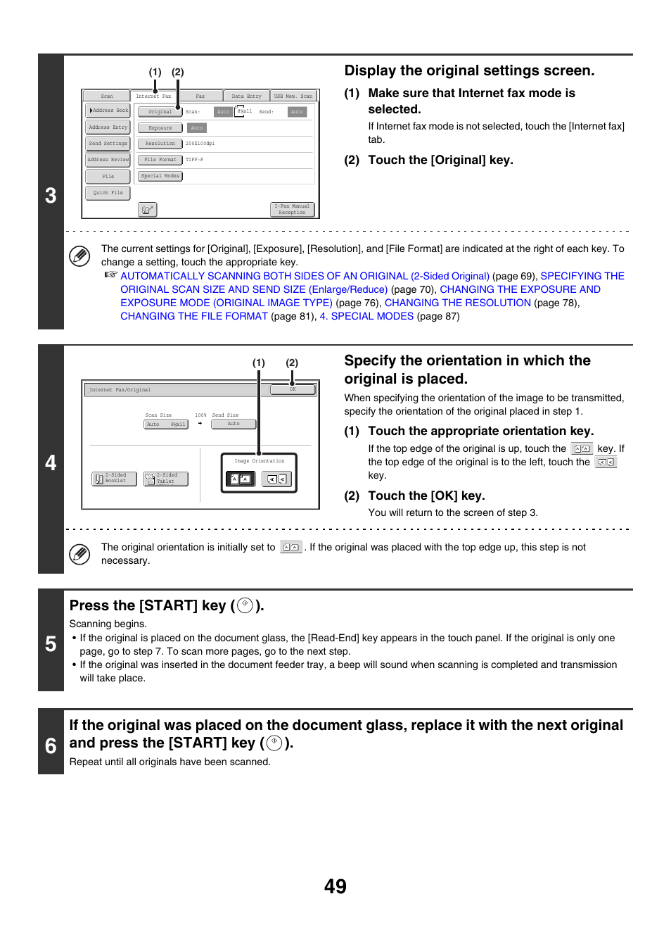 Display the original settings screen, Press the [start] key ( ), 1) make sure that internet fax mode is selected | 2) touch the [original] key, 1) touch the appropriate orientation key, 2) touch the [ok] key | Sharp MX-M850 User Manual | Page 369 / 655