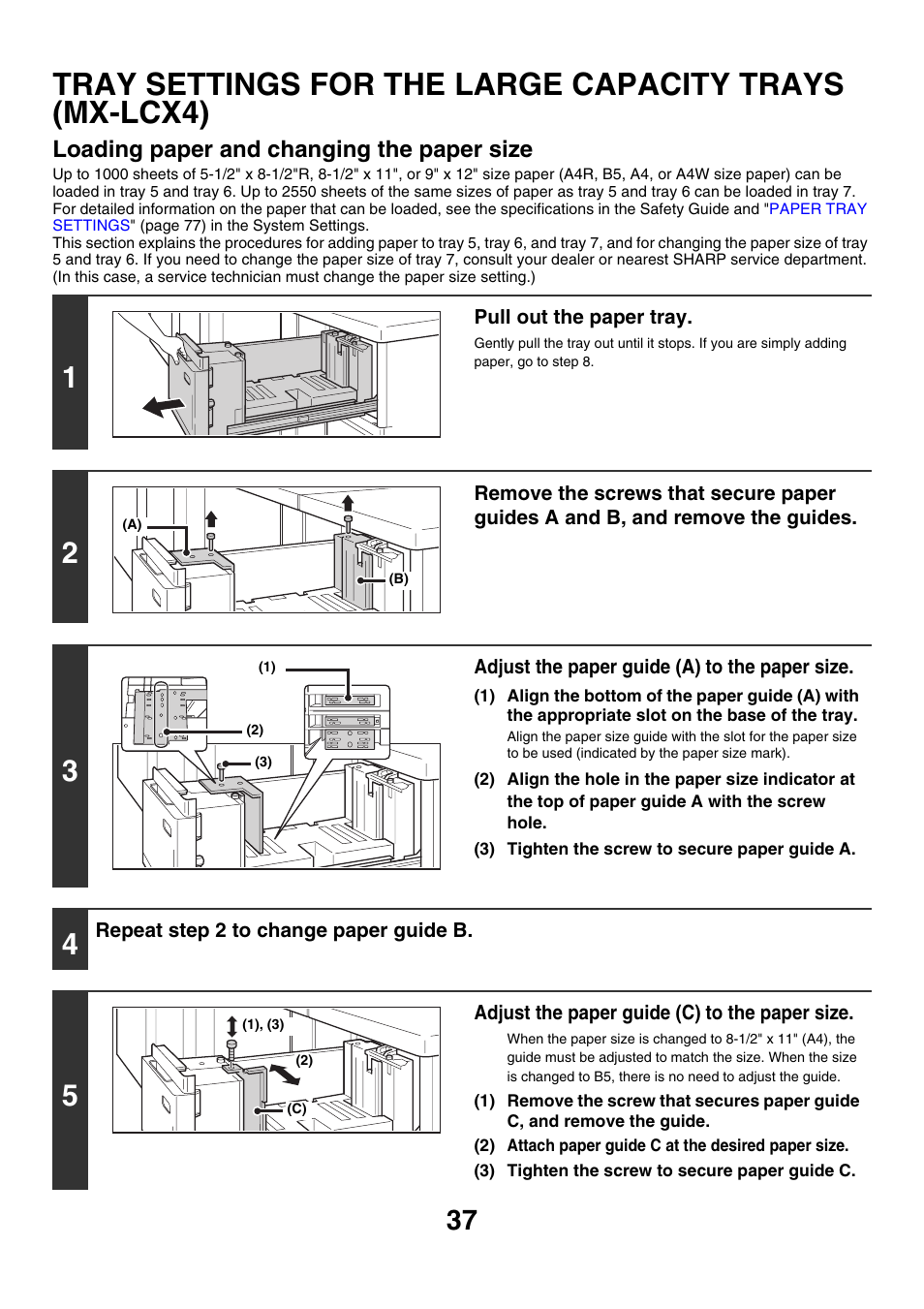 Tray settings for the large, Capacity trays (mx-lcx4), E 37) | Loading paper and changing the paper size | Sharp MX-M850 User Manual | Page 37 / 655