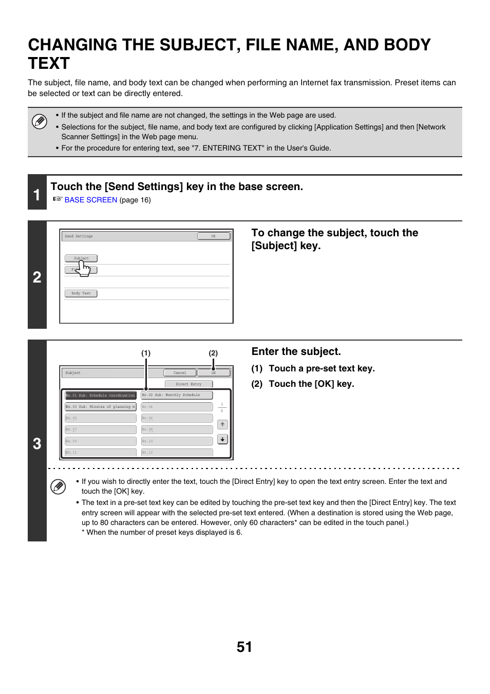 Changing the subject, file name, And body text, Changing the subject, file name, and body text | E 51), Send settings, Ge 51, Touch the [send settings] key in the base screen, Enter the subject | Sharp MX-M850 User Manual | Page 371 / 655