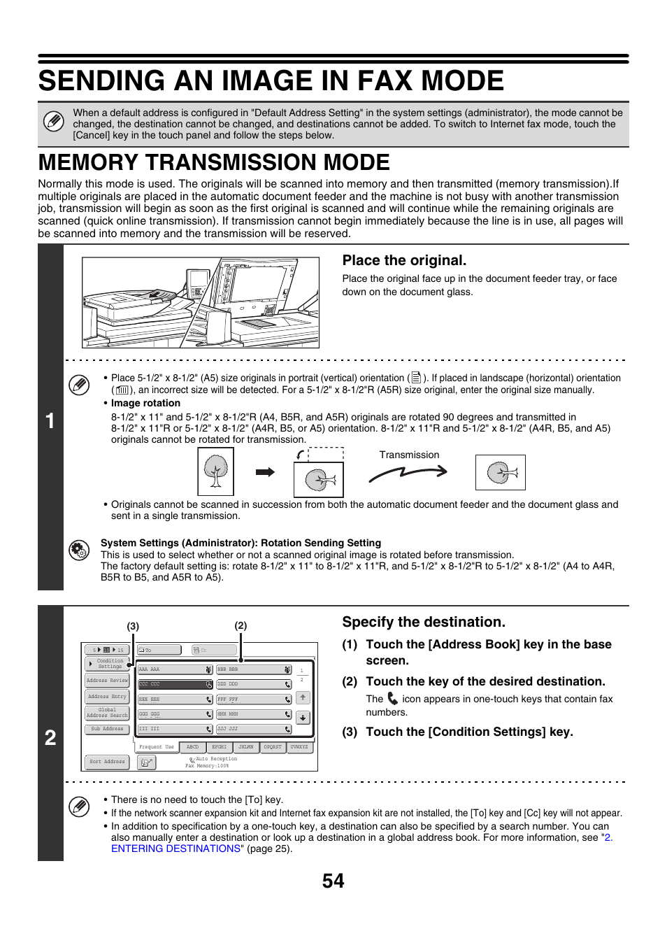 Sending an image in fax mode, Memory transmission mode, E 54 | Place the original, Specify the destination, 3) touch the [condition settings] key | Sharp MX-M850 User Manual | Page 374 / 655