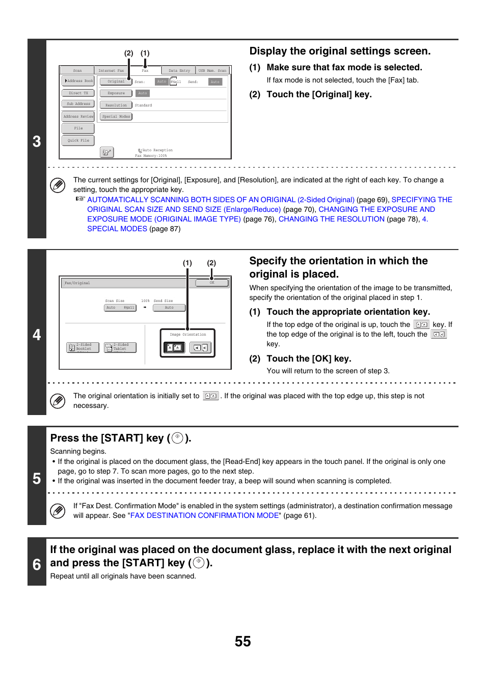 Display the original settings screen, Press the [start] key ( ), 1) make sure that fax mode is selected | 2) touch the [original] key, 1) touch the appropriate orientation key, 2) touch the [ok] key | Sharp MX-M850 User Manual | Page 375 / 655