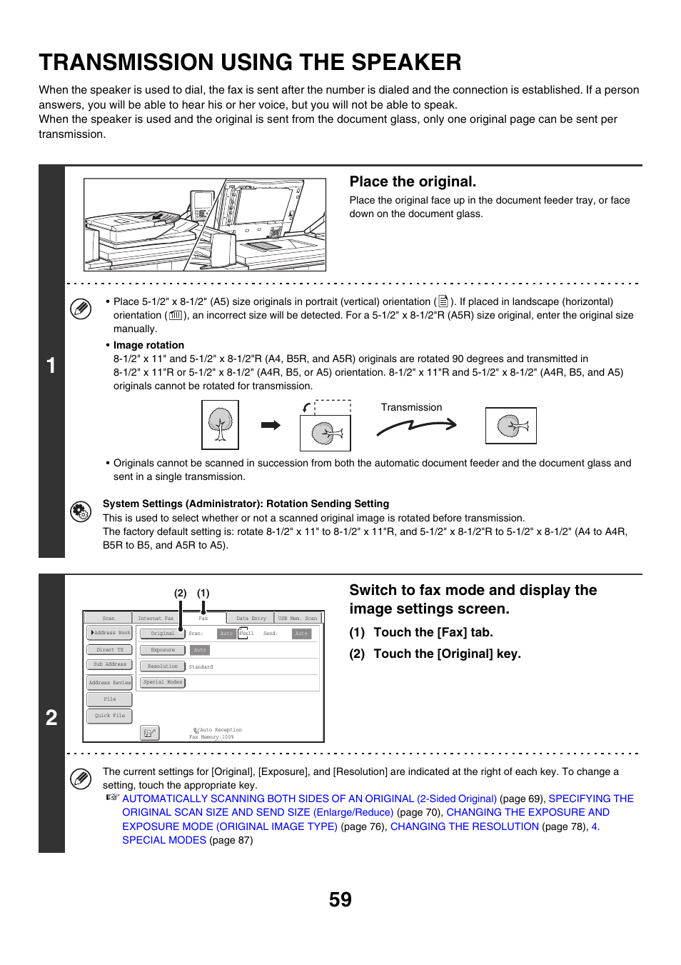 Transmission using the speaker, Speaker, Place the original | Sharp MX-M850 User Manual | Page 379 / 655