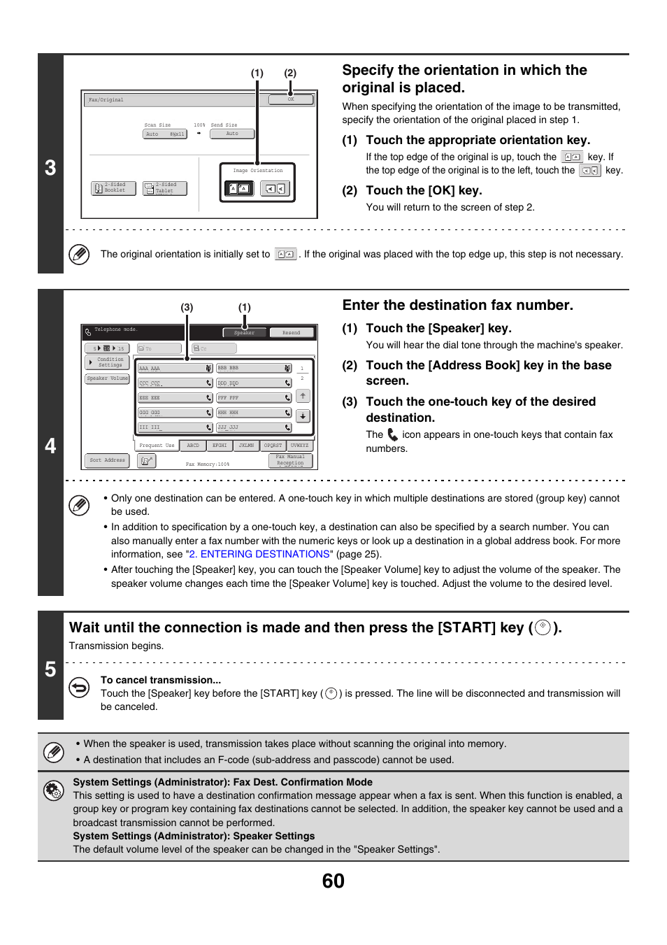 Enter the destination fax number, 1) touch the appropriate orientation key, 2) touch the [ok] key | 1) touch the [speaker] key | Sharp MX-M850 User Manual | Page 380 / 655
