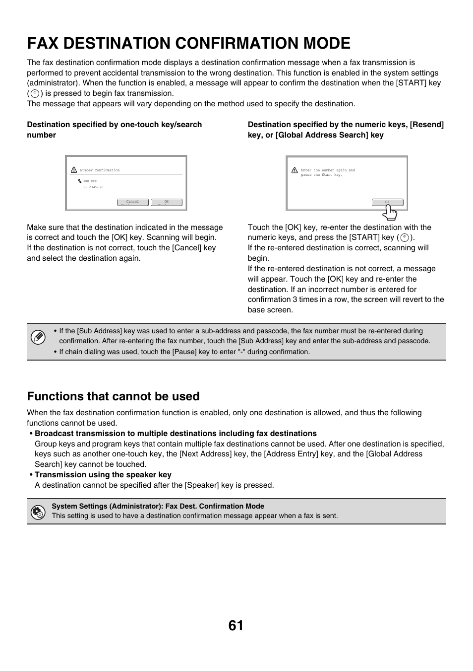 Fax destination confirmation mode, Ge 61), Functions that cannot be used | Sharp MX-M850 User Manual | Page 381 / 655