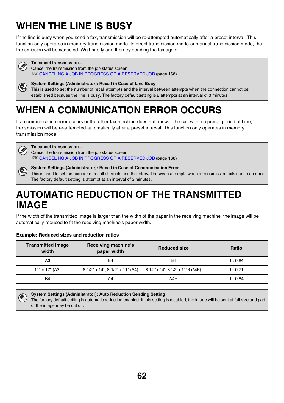 When the line is busy, When a communication error, Occurs | Automatic reduction of the, Transmitted image, Ge 62), When a communication error occurs, Automatic reduction of the transmitted image | Sharp MX-M850 User Manual | Page 382 / 655