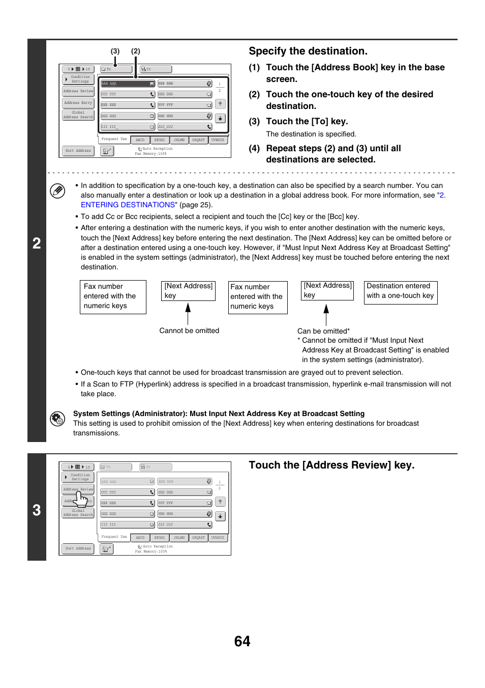 Specify the destination, Touch the [address review] key | Sharp MX-M850 User Manual | Page 384 / 655