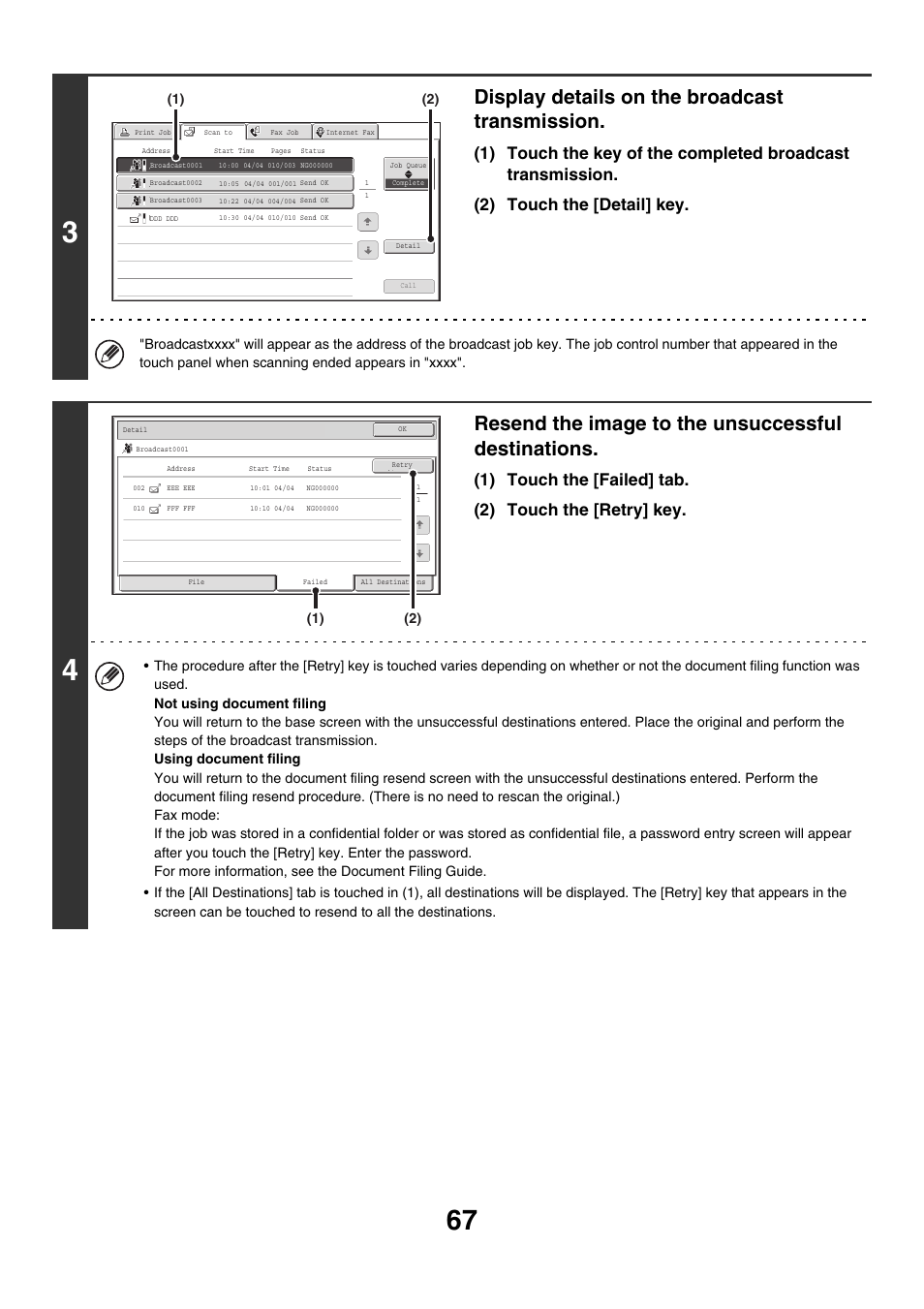 Display details on the broadcast transmission, Resend the image to the unsuccessful destinations | Sharp MX-M850 User Manual | Page 387 / 655