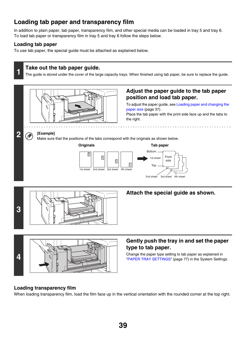 Loading tab paper and transparency film, Take out the tab paper guide, Attach the special guide as shown | Loading tab paper, Loading transparency film | Sharp MX-M850 User Manual | Page 39 / 655