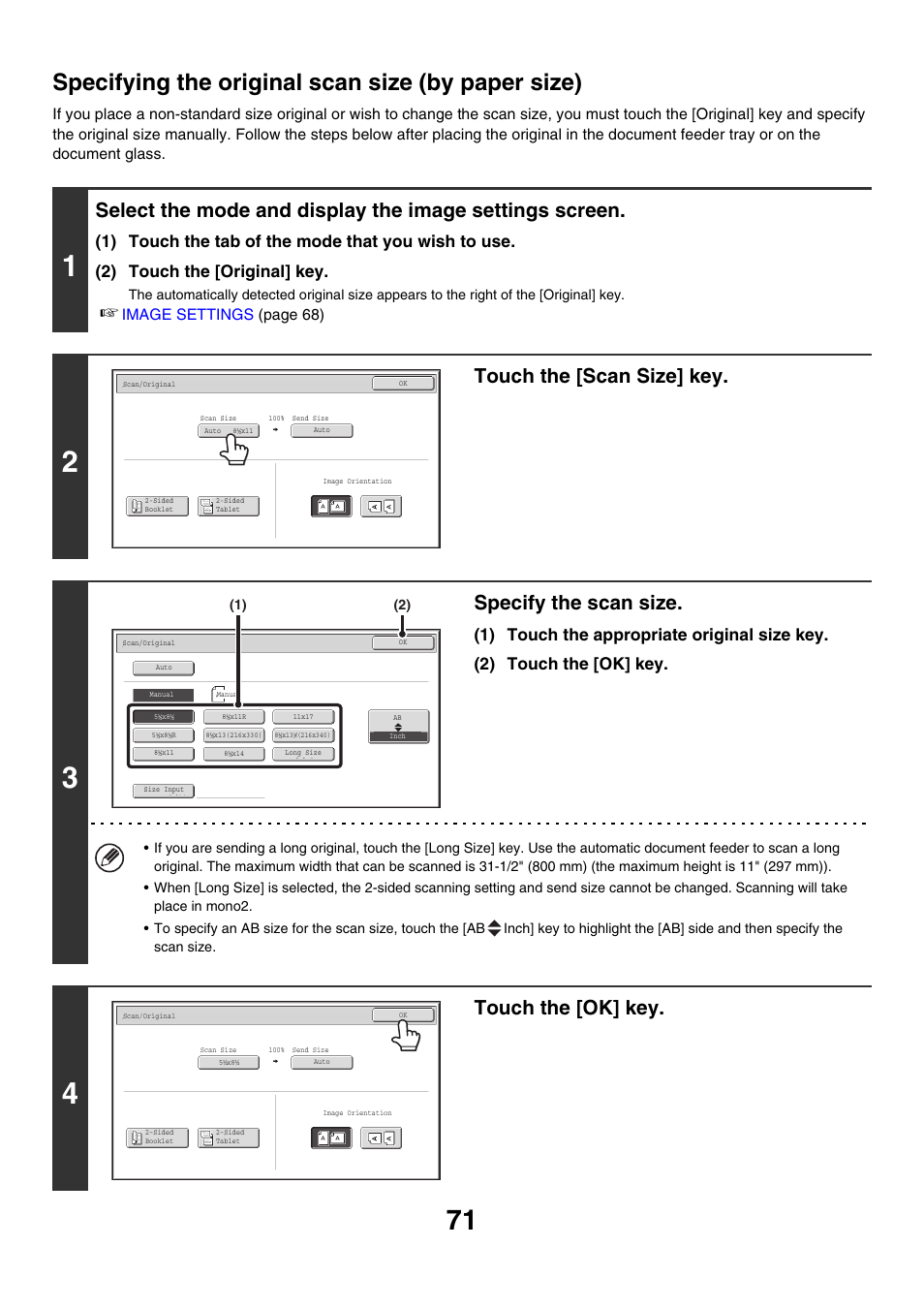 Specifying the original scan size (by paper size), E 71), Touch the [scan size] key | Specify the scan size, Touch the [ok] key | Sharp MX-M850 User Manual | Page 391 / 655