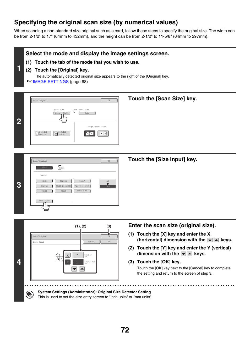 Ge 72, Touch the [scan size] key, Touch the [size input] key | Enter the scan size (original size) | Sharp MX-M850 User Manual | Page 392 / 655