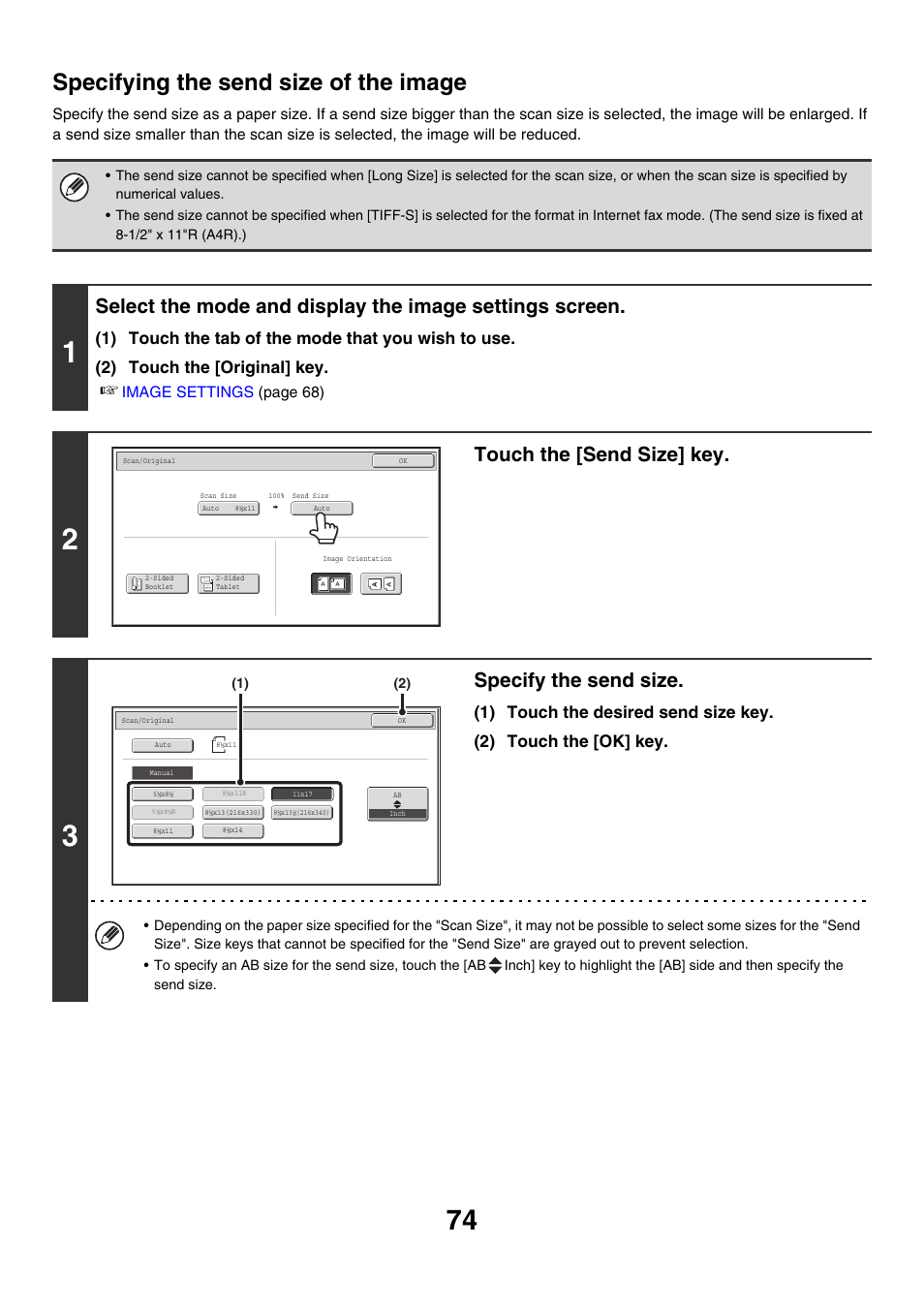 Specifying the send size of the image, Touch the [send size] key, Specify the send size | Sharp MX-M850 User Manual | Page 394 / 655