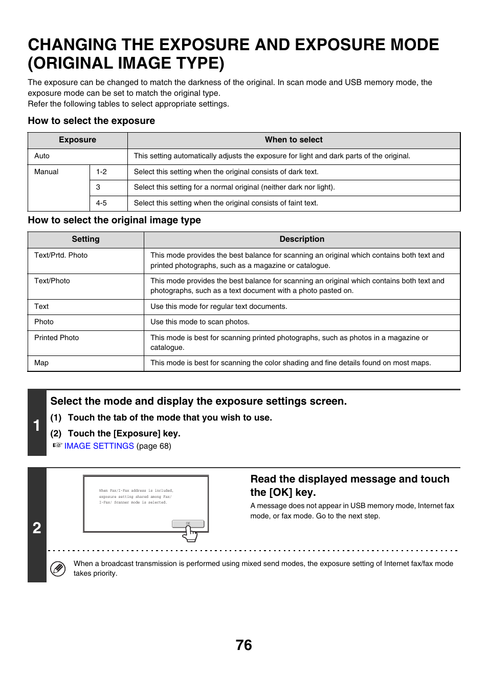 Changing the exposure and, Exposure mode (original image type), Changing the exposure and exposure | Mode (original image type), Exposure, Read the displayed message and touch the [ok] key | Sharp MX-M850 User Manual | Page 396 / 655