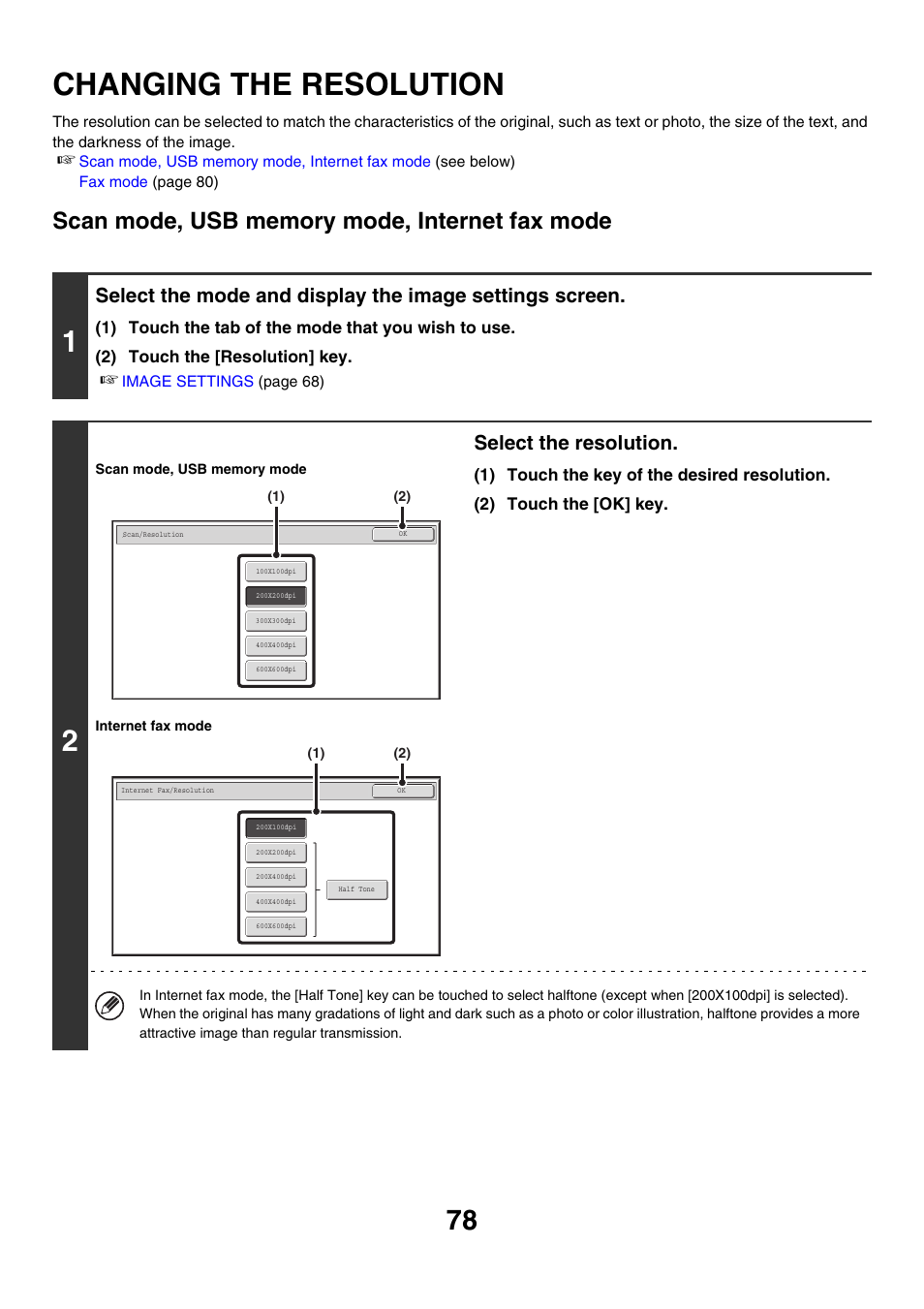 Changing the resolution, Resolution, Select the resolution | Sharp MX-M850 User Manual | Page 398 / 655