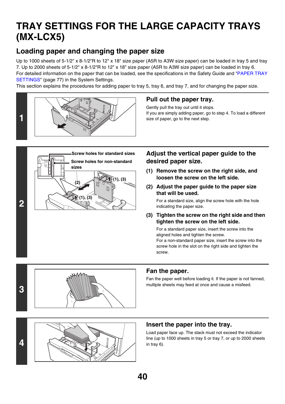 Tray settings for the large, Capacity trays (mx-lcx5), Loading paper and changing the paper size | Sharp MX-M850 User Manual | Page 40 / 655