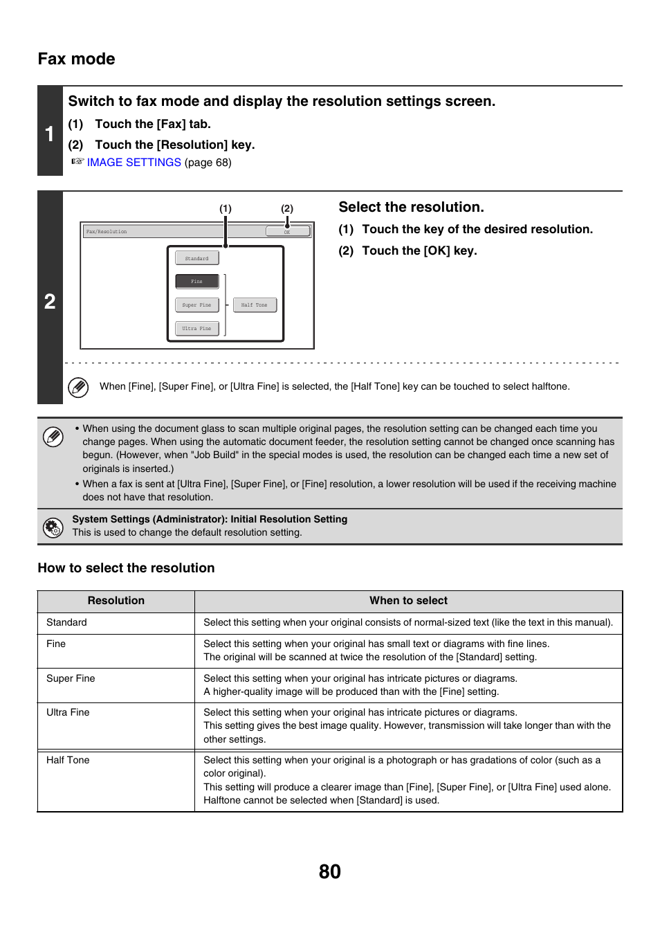 Fax mode, E 80), Select the resolution | How to select the resolution | Sharp MX-M850 User Manual | Page 400 / 655