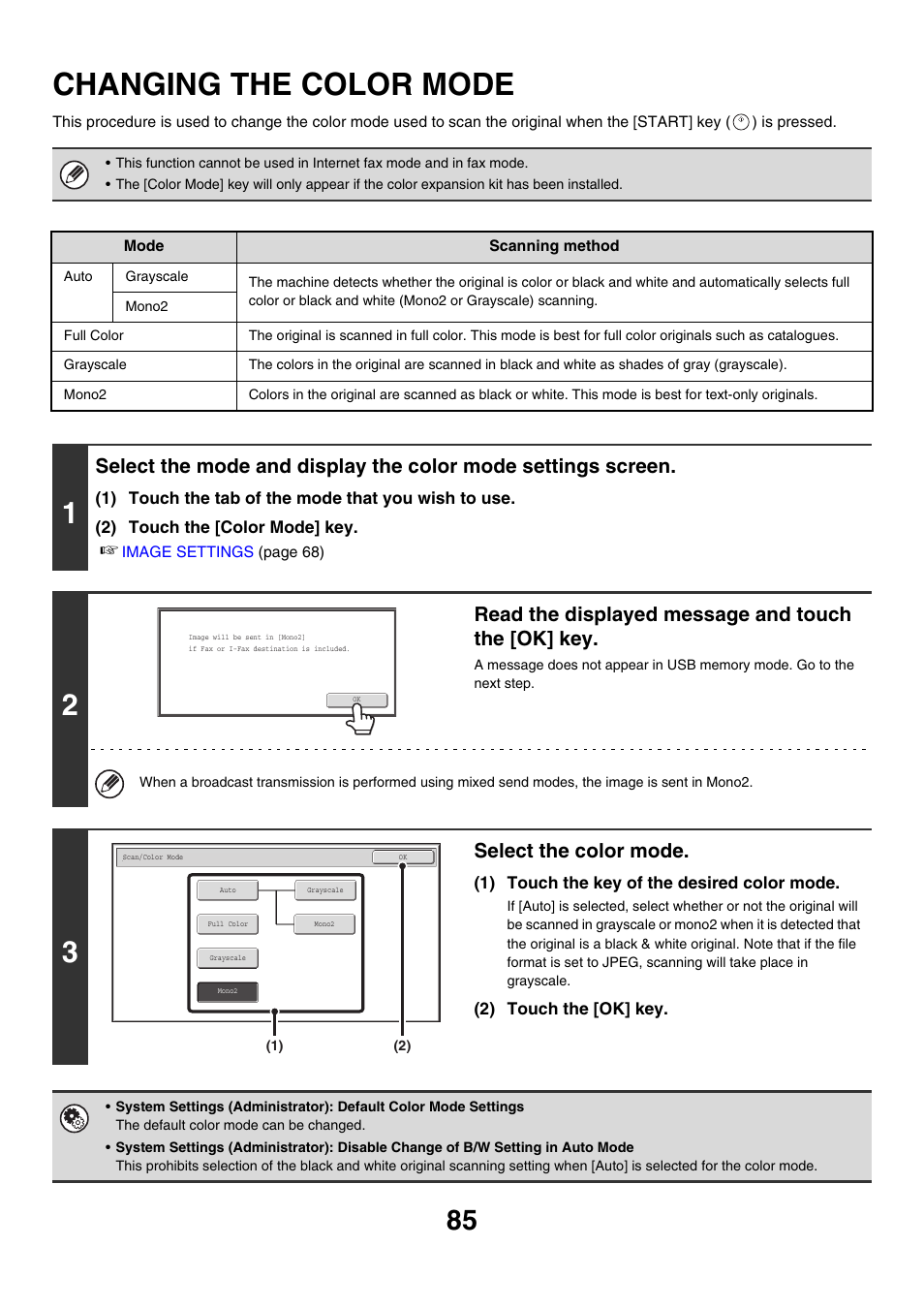 Changing the color mode, Color mode, Read the displayed message and touch the [ok] key | Select the color mode | Sharp MX-M850 User Manual | Page 405 / 655