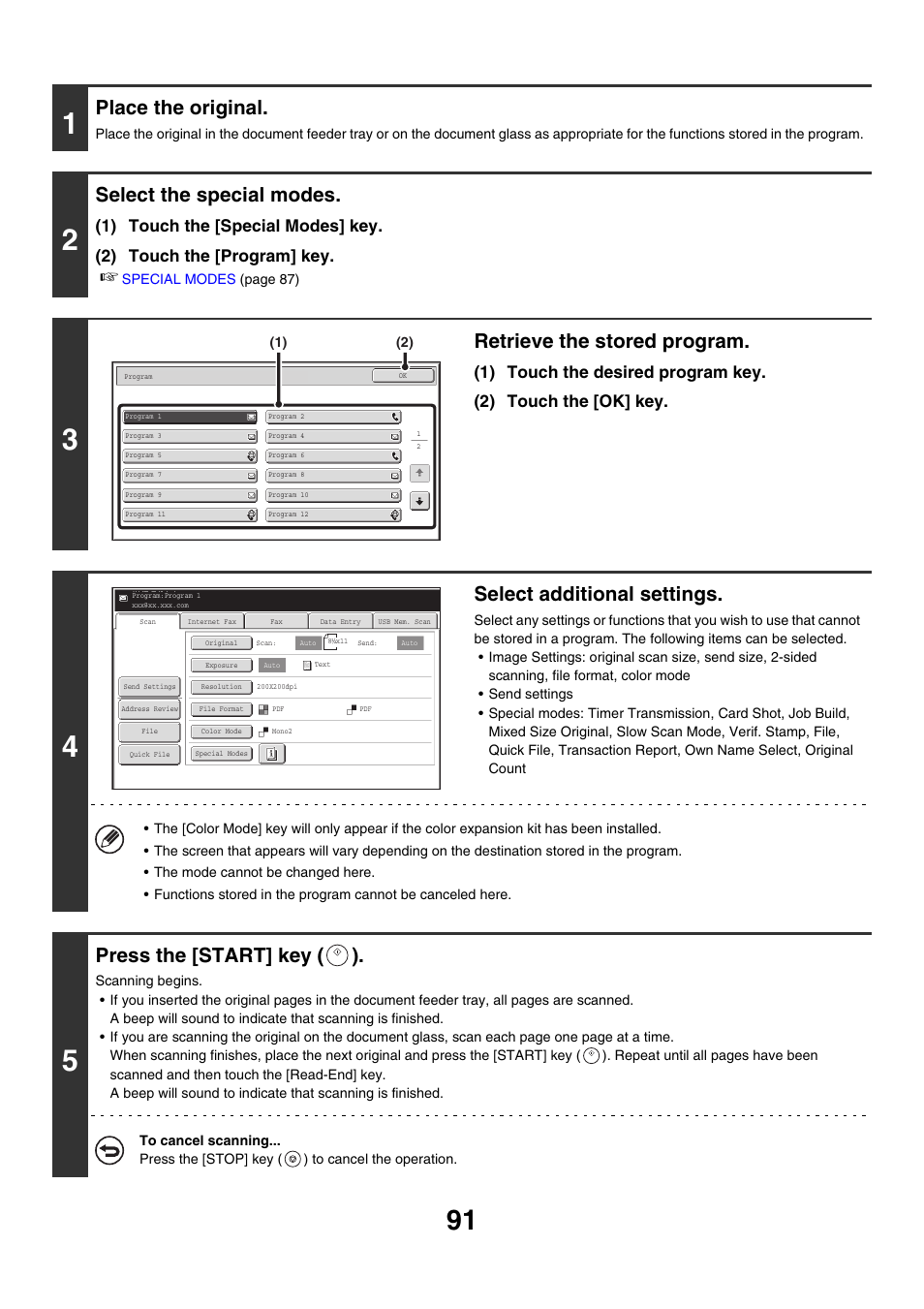 Place the original, Select the special modes, Retrieve the stored program | Select additional settings, Press the [start] key ( ) | Sharp MX-M850 User Manual | Page 411 / 655