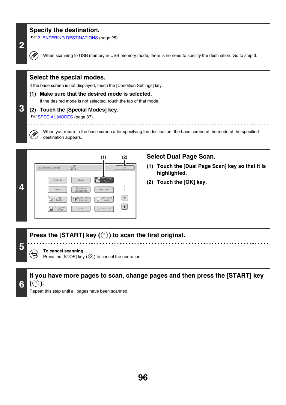 Specify the destination, Select the special modes, Select dual page scan | Sharp MX-M850 User Manual | Page 416 / 655